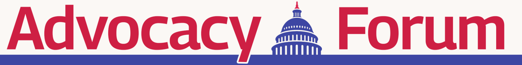Red Text saying Advocacy Forum with a blue illustration of the Capitol Dome in between.